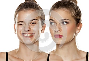 Comparison portrait of young woman before, and after makeup