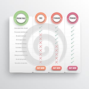 Comparison pricing list. Comparing price or product plan chart compare products business purchase discount hosting image grid.