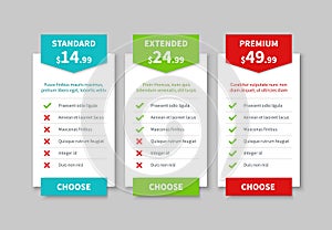 Comparison pricing list. Price plan table, product prices comparative tariff chart. Business infographic option banner photo