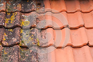 Comparison roof top before and after cleaning moss lichen high pressure water cleaner tile