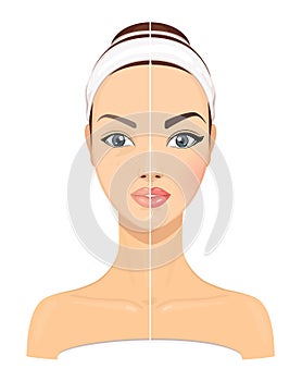 Comparison Side by Side Portrait of a Young Beautiful Girl Without and With Makeup on a White Background. Vector