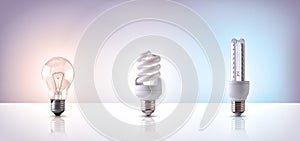 Comparison between various types of light bulb on white background