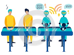 Comparison workers are humans and robots. Mood on the conveyor phones. In minimalist style. Cartoon flat Vector