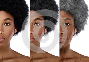 Comparison of young and elderly. African woman on white background.