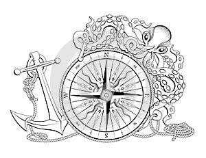 Compass with anchor and octopus photo