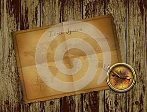 Compass and ancient paper on wooden background.vector illustration