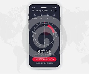 Compass app UI UX GUI concept, Map GPS app on screen  smartphone navigation, Phone interface, application compass for navigator ui