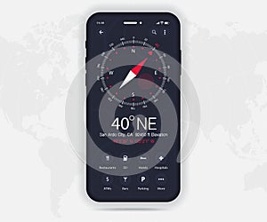 Compass app UI UX GUI concept, Map GPS app on screen  smartphone navigation, Phone weather, application compass for navigator ui