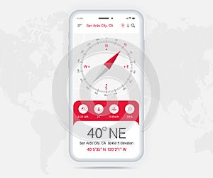 Compass app UI UX GUI concept, Map GPS app on screen smartphone navigation, Phone weather, application compass for navigator ui