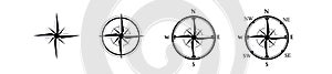 Compass black icon set . Wind rose signs. Cardinal compass symbols North, South, East, West.