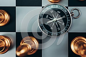 compass and chess piece on chess board game for ideas, challenge, leadership, strategy, business, success or abstract