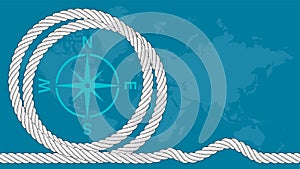 Compass dial icon in rope loops. Sea voyages and discoveries. Adventurism. Vector