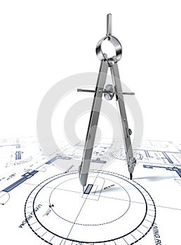 Compass drawing circle on architectural plan