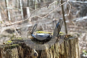 Compass in the forest on a stump in the sunlight