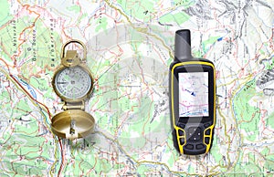 Compass and GPS receiver on a map.