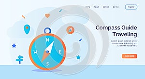 Compass Guide Traveling icon campaign for web website home homepage landing template banner with cartoon flat style.