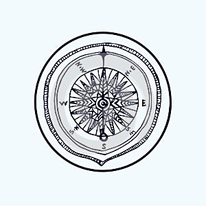 Compass, hand drawn doodle, sketch, black and white illustration