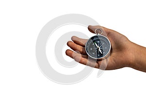 Compass in hand isolated on white background.
