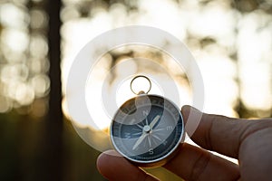 Compass in hand on natural pine forest background. hand holding compass in forest landscape. Young traveler searching direction