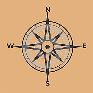 Compass icon. Wind rose with north orientation, sea navigational equipment with antique symbols. Cartographic and