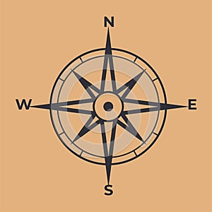 Compass icon. Wind rose with north orientation, sea navigational equipment with antique symbols. Cartographic and photo