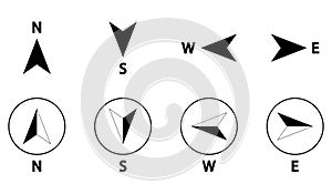 Compass icons set of north, south, east and west direction. Map symbol. Arrow icon. Four arrows pointing in different directions.