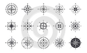 Compass icons. Wind rose with north orientation, sea navigational equipment antique symbols. Cartographic and geographic