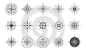 Compass icons. Wind rose with north orientation, sea navigational equipment antique symbols. Cartographic and geographic photo