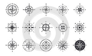 Compass icons. Wind rose with north orientation, sea navigational equipment antique symbols. Cartographic and geographic signs set photo