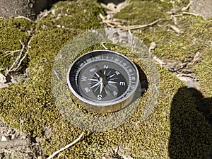 the compass made of steel lies on the green hea which is on