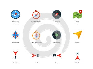 Compass and map colored icons on white background