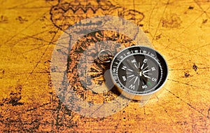 Compass on map. Tourist compass for orientation on the terrain. Magnetic declination Ñalculator. Historical explorer help. Map