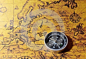 Compass on map. Tourist compass for orientation on the terrain. Magnetic declination Ñalculator. Historical explorer help. Map