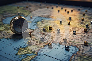 Compass on a map of the world. Traveling concept, Magnetic compass and location marking with a pin on routes on world map, AI
