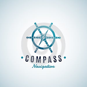 Compass Navigation Abstract Vector Sign, Emblem or Logo Template. Arrow integrated into the Steering Wheel Symbol