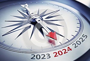 Compass with needle pointing to the year 2024