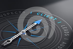 Compass with needle pointing the word client. customer relationship management. 3d illustration