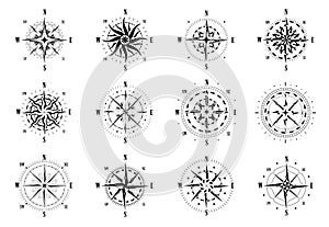Compass old icons. Vintage nautical wind roses and navigation cartography symbol. Vector travel and direction icon set