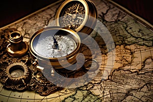 Compass and old map. Vintage style. Selective focus, Old compass, telescope, and coins on an antique world map, AI Generated