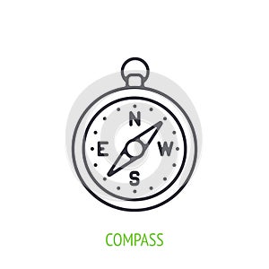 Compass outline icon. Vector illustration. Navigation equipment for orientation. Symbol of summertime, travel and tourism.