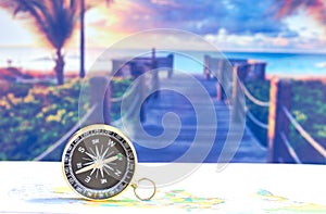 compass on paper map, travel and lifestyle, manage to success business technology concept