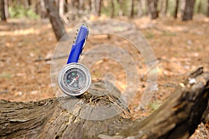 Compass and penknife tree stump in the forest, camping recreation and survival in wild