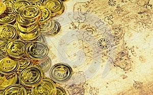 Compass and pirate golden coin on a old world map