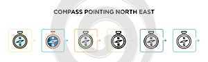 Compass pointing north east vector icon in 6 different modern styles. Black, two colored compass pointing north east icons