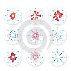 Compass rose icon set with wite blue background