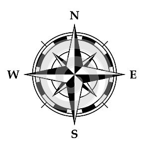 Compass rose symbol, black and white vector illustration of four cardinal directions