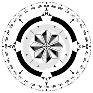 Compass rose vector with four wind directions and 360 degree scale.