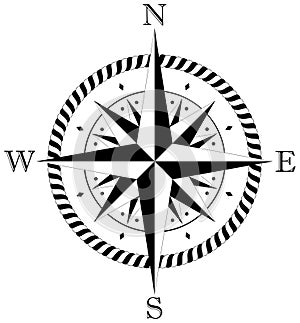 Compass rose vector with four wind directions and cord frame in black and white.