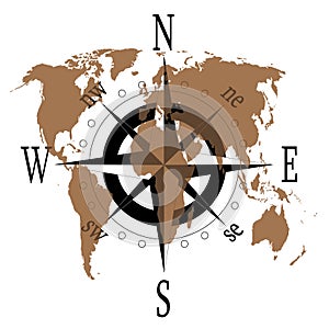 Compass rose with world map