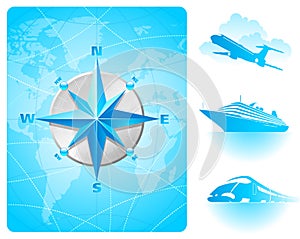 Compass rose, world map & contemporary transport